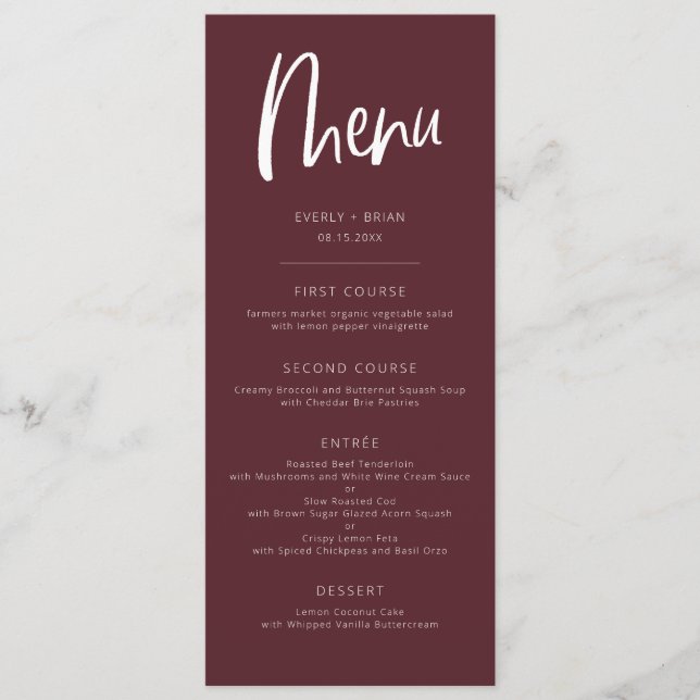 Menu Mariage minimaliste moderne Merlot (Devant)