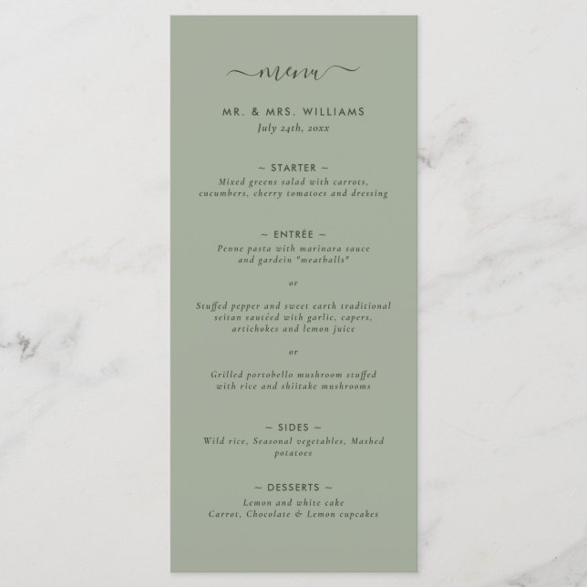 Menu Mariage minimaliste moderne Sage Green (Devant)