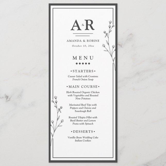 Menu Mariage Minimaliste Noir & Blanc (Devant)