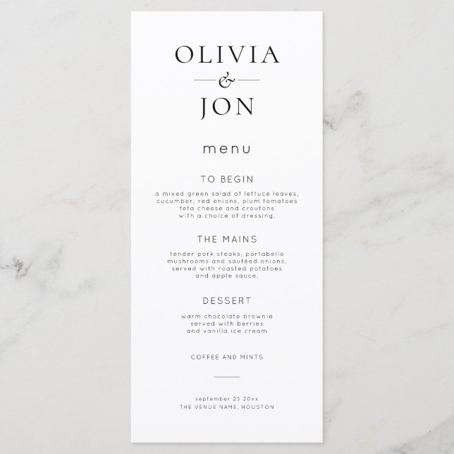 Menu Mariage Minimaliste Noir et Blanc (Devant)