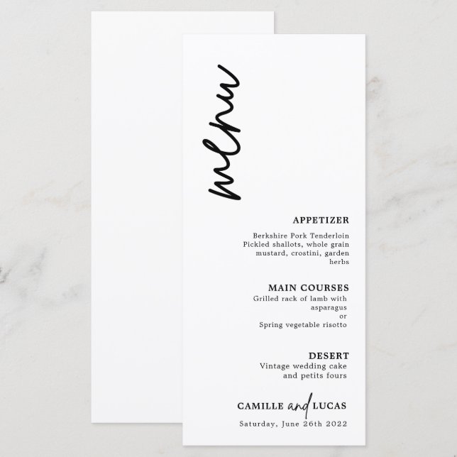 Menu Mariage minimaliste noir et blanc (Devant / Derrière)