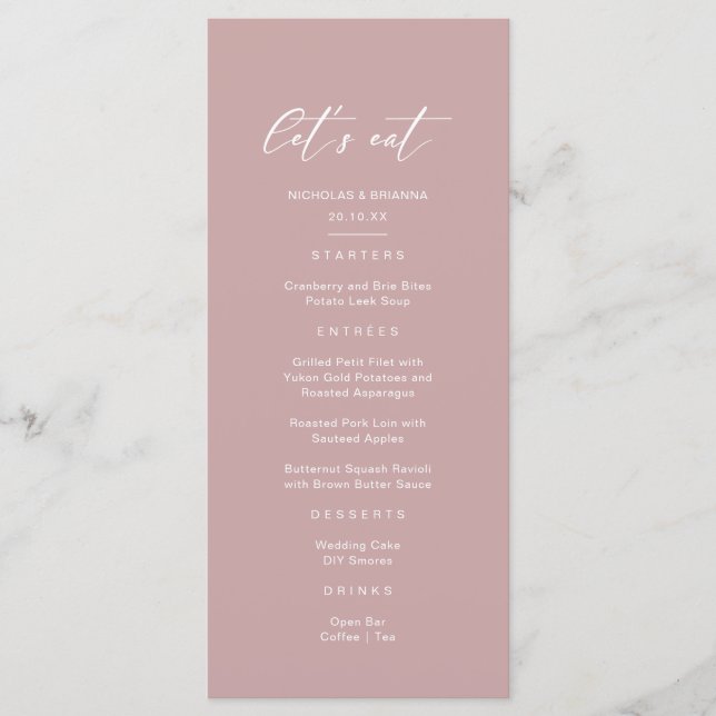 Menu Mariage Minimaliste Rose Mauve (Devant)