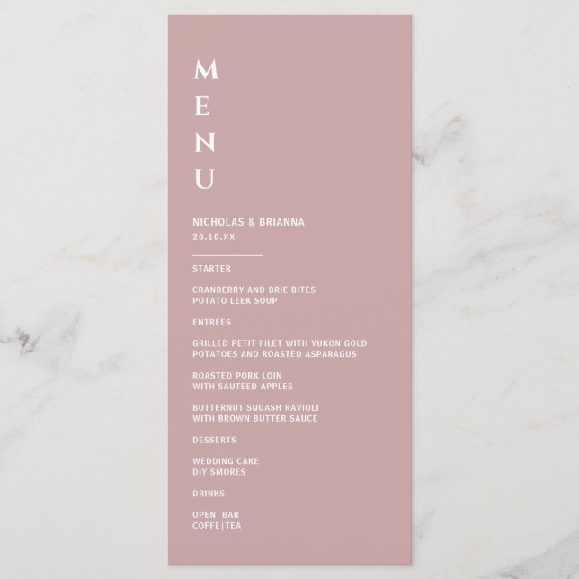 Menu Mariage Minimaliste Rose Poussiéreuse (Devant)