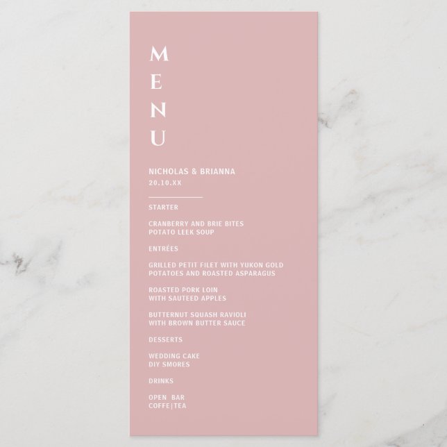 Menu Mariage Minimaliste Rose Poussiéreuse (Devant)
