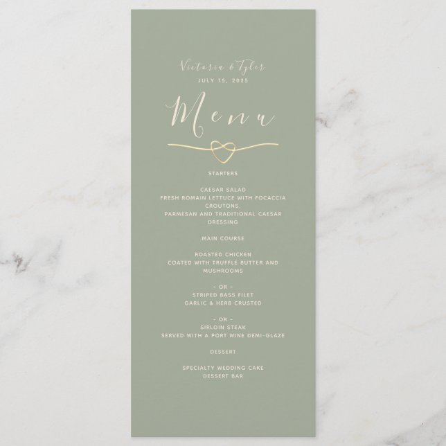Menu Mariage Minimaliste Vert Sauge Dîner (Devant)