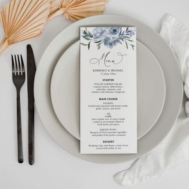 Menu mariage moderne à fleurs bleu poussiéreux (Créateur téléchargé)