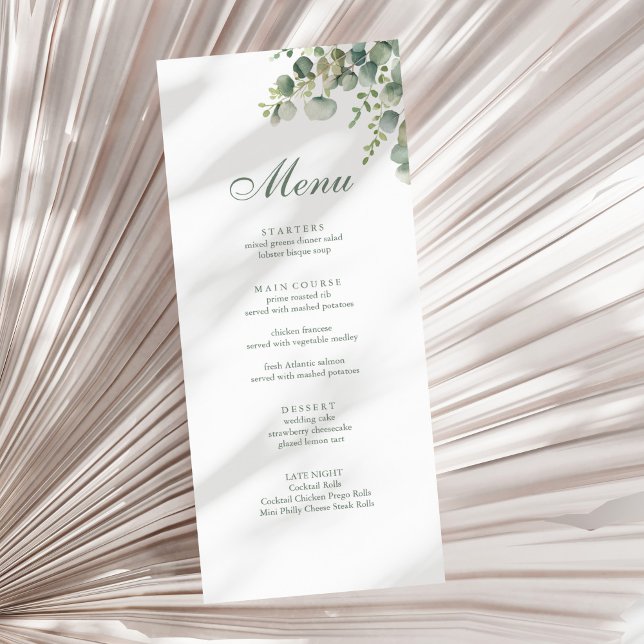 Menu Mariage Moderne à la Verdure Eucalyptus (Modern Greenery Eucalyptus Wedding Menu on a sunny neutral dry palm leaf.)