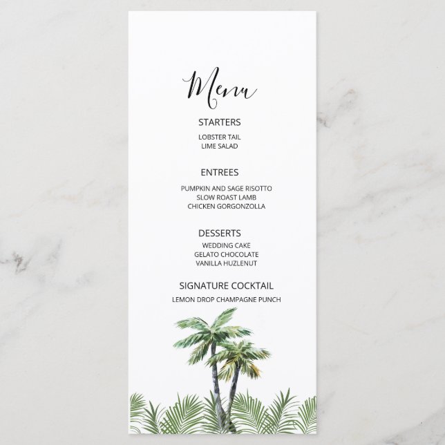 Menu Mariage Moderne à l'Aquarelle avec Palmier (Devant)