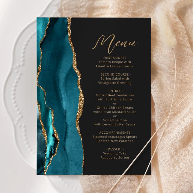 Menu Mariage Moderne à l'Encres Bleue et Or avec Agate (Créateur téléchargé)