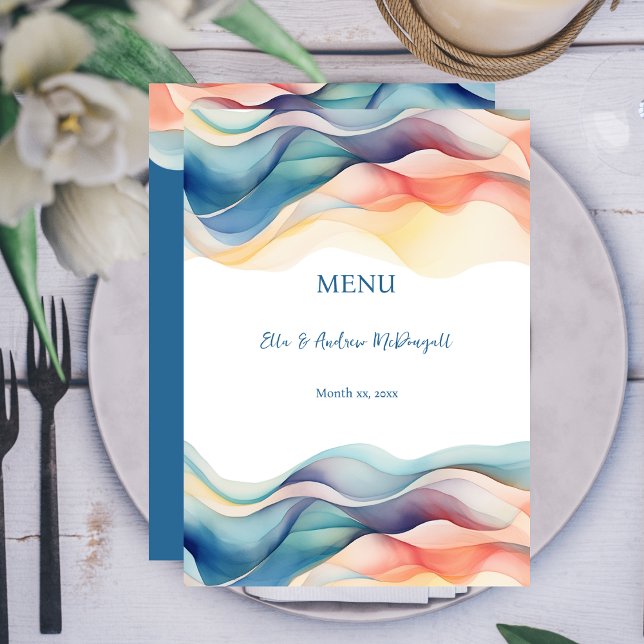 Menu Mariage Moderne Abstrait Vague de Couleur Bleue (Modern Abstract Color Wave Wedding Reception Menu Card)