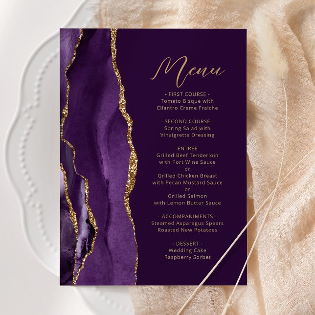 Menu Mariage Moderne Agate Or Violet Écriture Manuscrit (Créateur téléchargé)