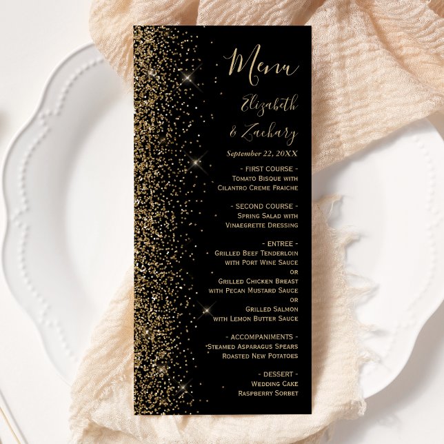 Menu Mariage Moderne avec Bordure Pailletée Or Noir (Créateur téléchargé)