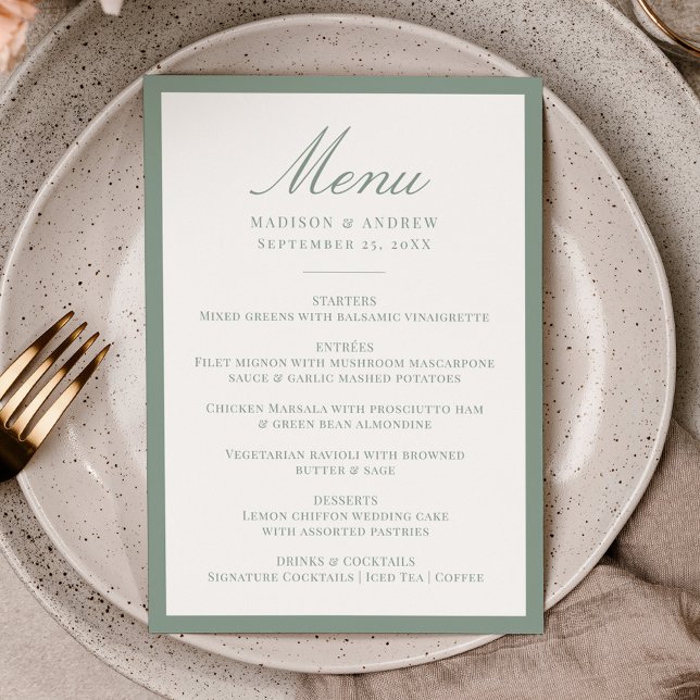 Menu Mariage Moderne avec Bordure Vert Sauge (Créateur téléchargé)