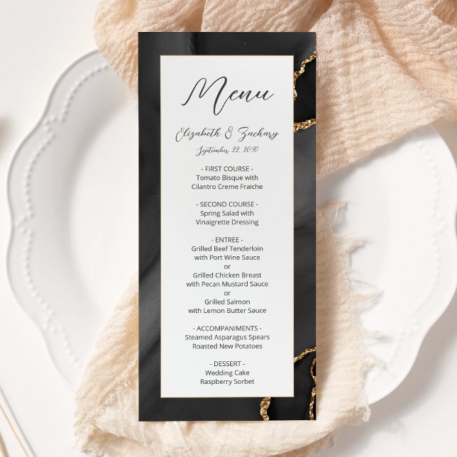 Menu Mariage moderne Black Gold Agate (Créateur téléchargé)