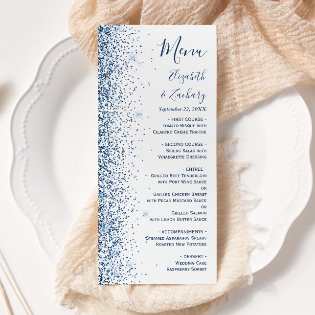 Menu Mariage Moderne Blanc Bordure Pailletée Bleue (Créateur téléchargé)