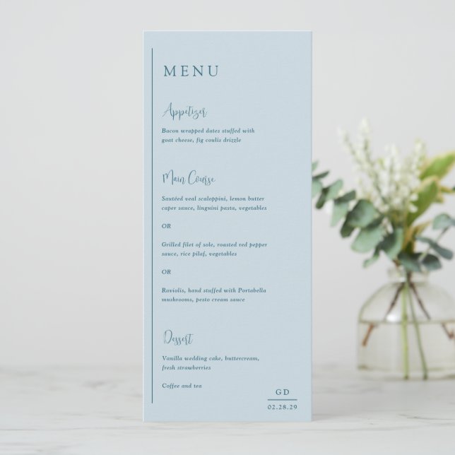 Menu Mariage Moderne Bleu Atténué avec Élégance (Debout devant)