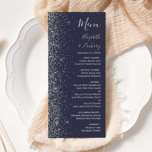 Menu Mariage Moderne Bleu Foncé Bordure Pailletée Argen