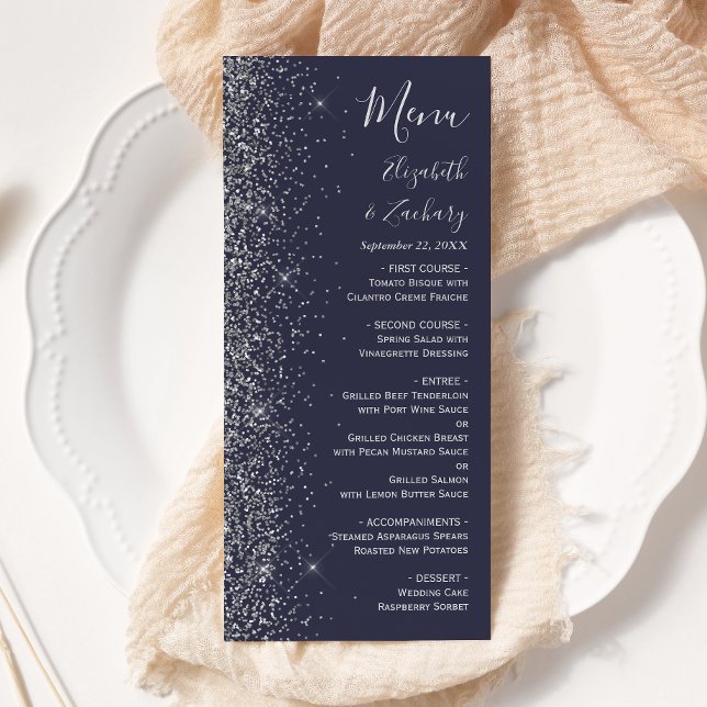 Menu Mariage Moderne Bleu Foncé Bordure Pailletée Argen (Créateur téléchargé)