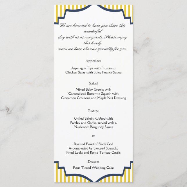 Menu Mariage moderne bleu jaune en bande (Devant)