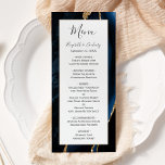 Menu Mariage Moderne Bleu Nuit Agate Or<br><div class="desc">Ce menu de mariage élégant et moderne présente un fond d'agate bleu nuit aquarelle orné de faux reflets dorés. Le texte apparaît dans une écriture manuscrite élégante gris charbon et des polices copperplate sur un rectangle blanc. Le motif agate est répété au verso.</div>