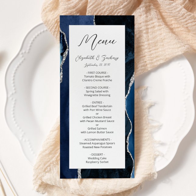 Menu Mariage Moderne Bleu Nuit Argent Agate (Créateur téléchargé)
