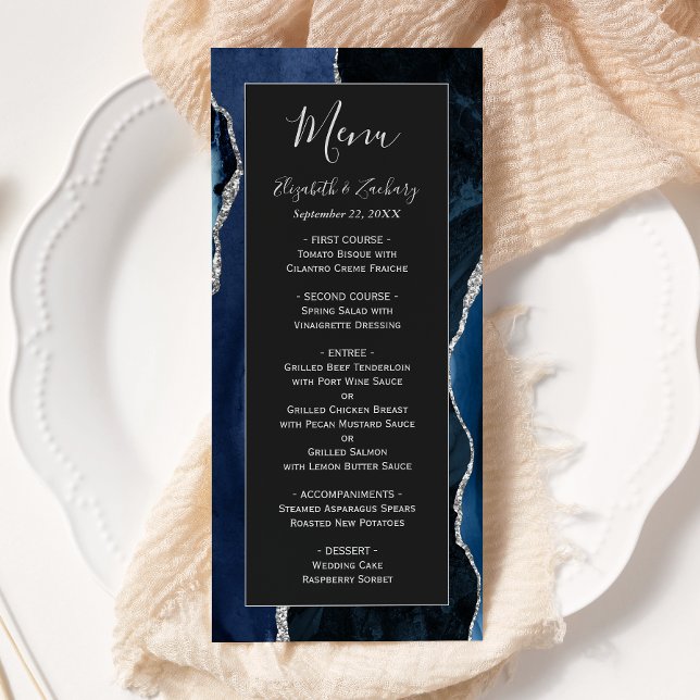 Menu Mariage Moderne Bleu Nuit Argent Agate Foncé (Créateur téléchargé)