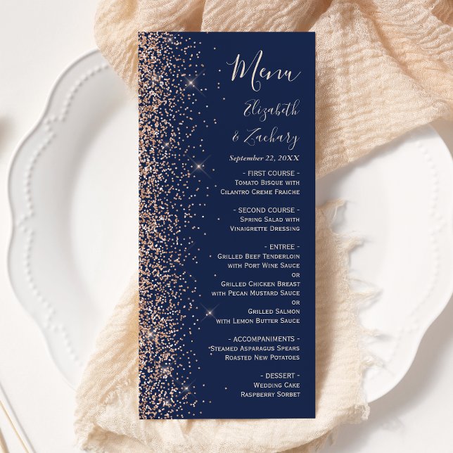 Menu Mariage Moderne Bleu Nuit avec Paillettes de Pêche (Créateur téléchargé)