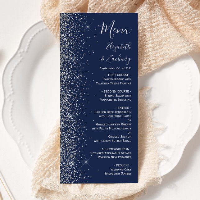 Menu Mariage Moderne Bleu Nuit Paillettes Argentées sur (Créateur téléchargé)