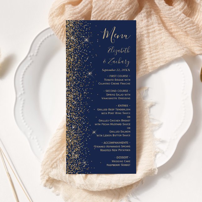 Menu Mariage Moderne Bleu Nuit Paillettes Dorées sur le (Créateur téléchargé)