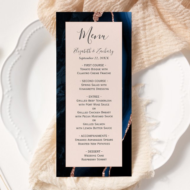 Menu Mariage Moderne Bleu Nuit Rose Gold Agate Blush (Créateur téléchargé)