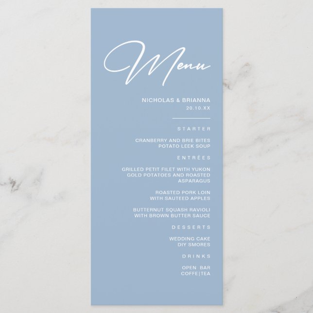 Menu Mariage Moderne Bleu Poussiéreux  (Devant)