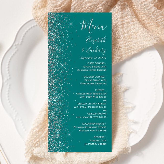 Menu Mariage Moderne Bleu Turquoise Paillettes Argentée (Créateur téléchargé)