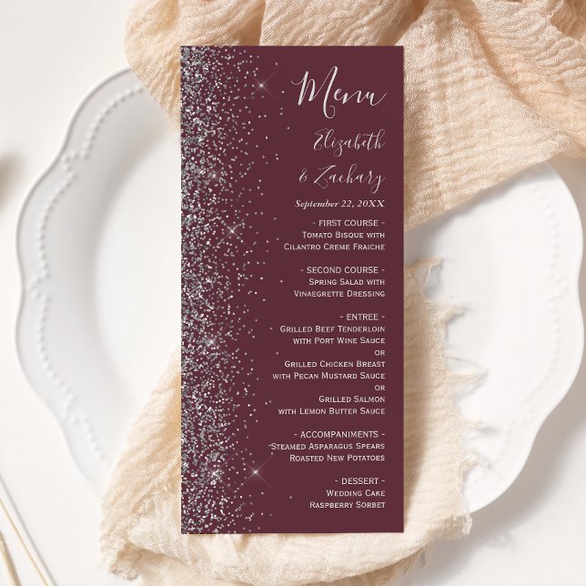 Menu Mariage Moderne Bordure Burgundy Pailleté Argent (Créateur téléchargé)