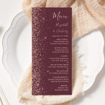 Menu Mariage Moderne Bordure Pailletée Bourgogne Or Ros<br><div class="desc">Le bord gauche de ce menu de mariage moderne élégant présente un design pailleté faux or rose. Le texte personnalisable combine une écriture manuscrite rose,  des polices copperplate et italique sur un fond bordeaux foncé. Le verso présente un design pailleté assorti de bourgogne et d'or rose.</div>