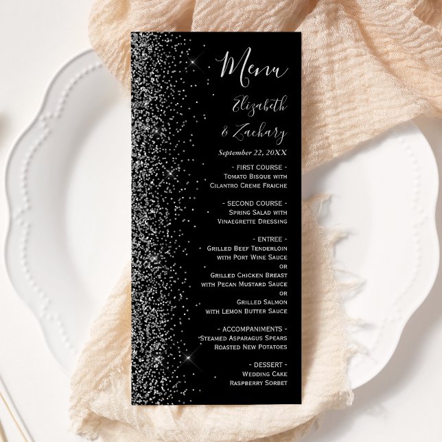 Menu Mariage Moderne Bordure Pailletée Noir Argent (Créateur téléchargé)