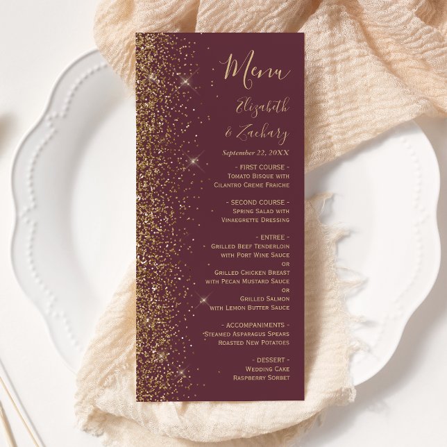 Menu Mariage Moderne Bordure Pailletée Or Burgundy Fonc (Créateur téléchargé)