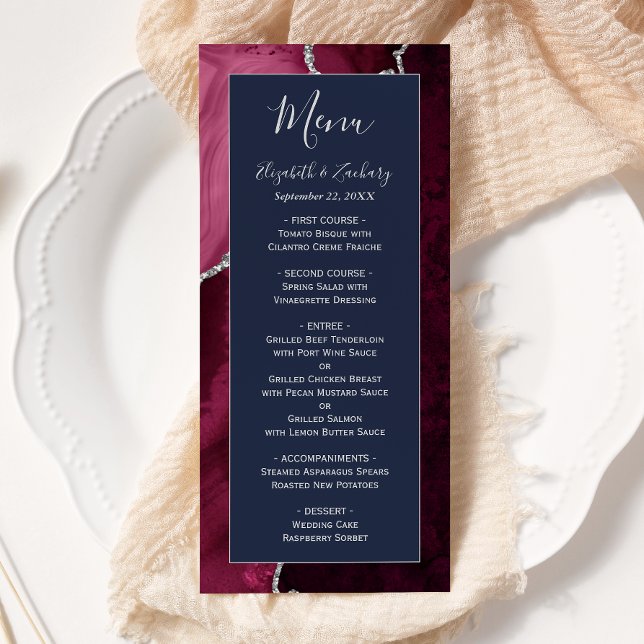 Menu Mariage Moderne Bourgogne Argent Agate Bleu Marine (Créateur téléchargé)