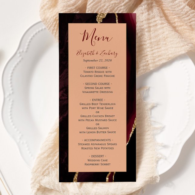 Menu Mariage Moderne Bourgogne Or Agate Pêche (Créateur téléchargé)