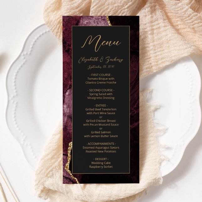 Menu Mariage Moderne Burgundy Or Agate Sombre (Créateur téléchargé)