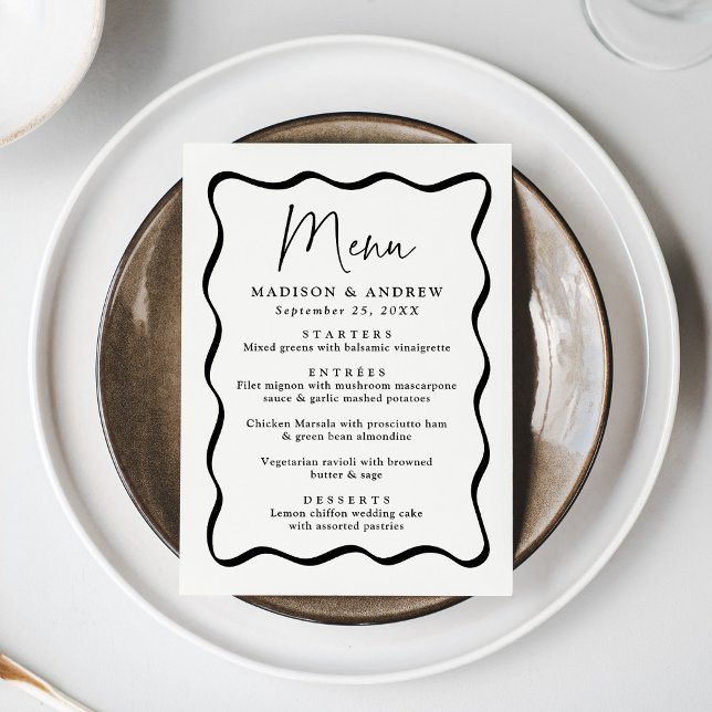 Menu Mariage Moderne Cadre Ondulé Crème et Noir (Créateur téléchargé)