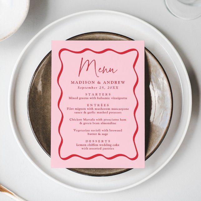 Menu Mariage Moderne Cadre Ondulé Rose et Rouge (Créateur téléchargé)