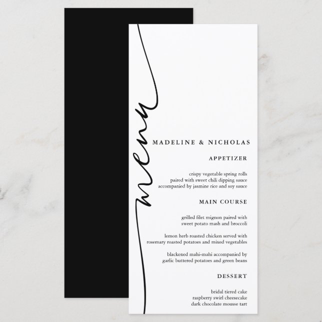 Menu Mariage Moderne Calligraphie Simple Noir Et Blanc (Devant / Derrière)