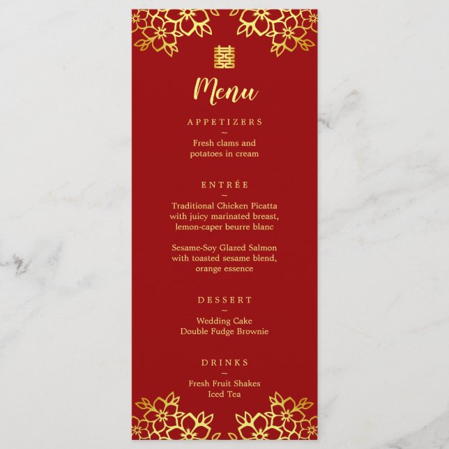 Menu Mariage moderne chinois aux fleurs rouges (Devant)
