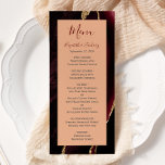Menu Mariage moderne de Porte Or Bourgogne<br><div class="desc">Cet élégant menu mariage moderne comprend un arrière - plan d'agate bordeaux aquarelle orné d'une fausse parties scintillant dorée. Le texte s'affiche dans un élégant script d'écriture manuscrite bordeaux et une police de cuivre gris fusain sur un rectangle de pêche. La conception de l'agate est répétée à l'envers.</div>