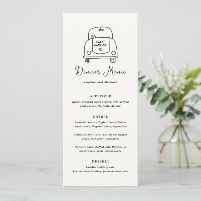 Menu Mariage Moderne Doodle de Voiture Dessiné à la Mai (Debout devant)