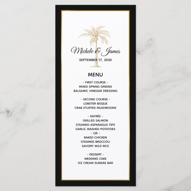 Menu Mariage Moderne Élégant avec Palmier en Or (Devant)