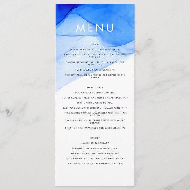 Menu mariage moderne élégant bleu et blanc (Devant)