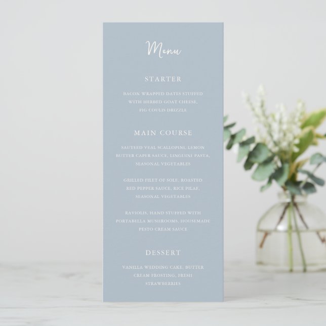 Menu Mariage Moderne Élégant Bleu Poudré (Debout devant)
