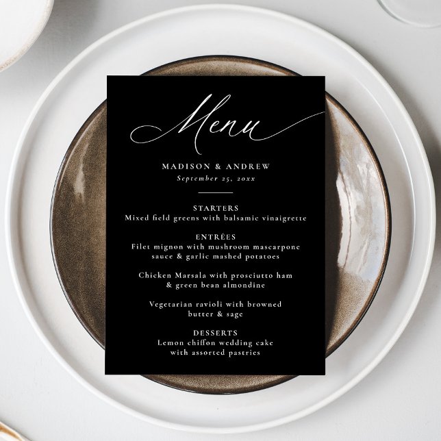 Menu Mariage Moderne Élégant Calligraphie Noir et Blanc (Créateur téléchargé)