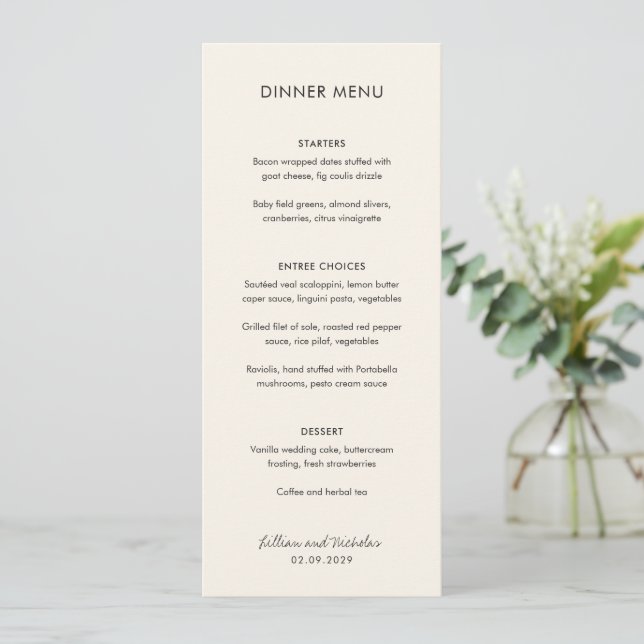Menu Mariage Moderne Élégant en Ivoire (Debout devant)